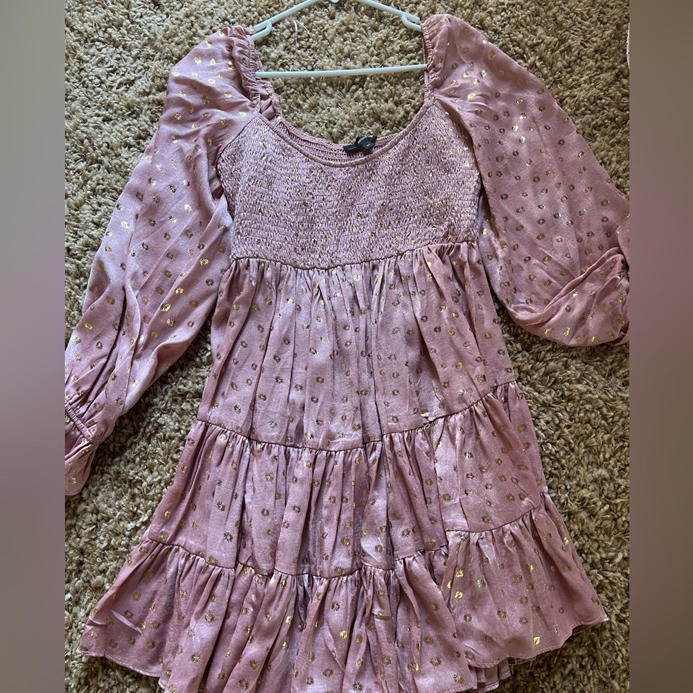 Vici - Smocked dress, long sleeve. Pink with gold. Size medium